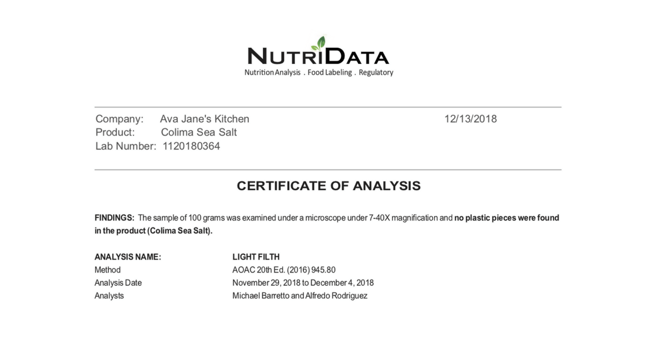 Colima Sea Salt Analysis Certificate