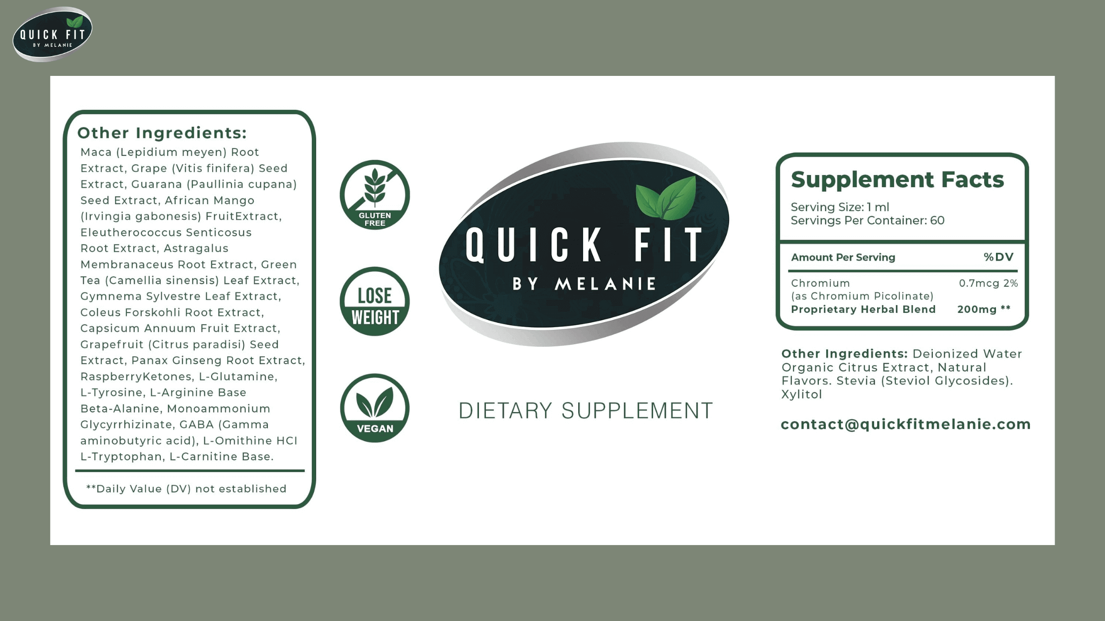 Quick Fit By Melanie supplement facts